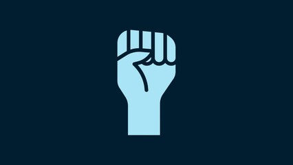 Poster - White Raised hand with clenched fist icon isolated on blue background. Protester raised fist at a political demonstration. Empowerment. 4K Video motion graphic animation