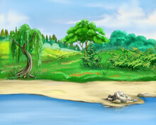 Landscape With Trees On The River Bank Illustration