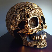 Detailed Intricate Gold And Wood Carving Skull, Generative Ai