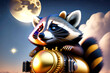 © Frank - Raccoon rides on a rocket with clouds, the moon and a star in the background, made with generative AI