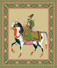 Traditional Indian Mughal Emperor Horse Riding In A Garden Vector Illustration Frame