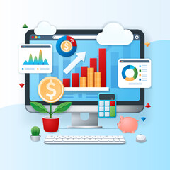 Invest your money banner. Computer with business charts on the screen. Calculator, statistics, planning icons. Web vector illustration in 3D style