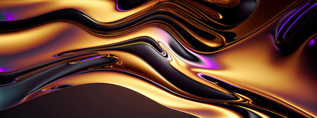 panoramic abstract liquid metal, iridescent, purple and gold wave