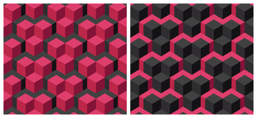 Sticker - Seamless 3D cube geometric pattern background. Trend color of the year 2023 Viva Magenta. Design texture elements for fabric, tile, banner, cover, poster, backdrop, wall. Vector illustration.