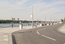 Embankment In River Station Pier. Starting Point Of Cruise Tourism Ships. Passenger Terminal. Pedestrian Park In Moscow, Russia