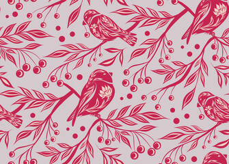  Seamless decorative pattern with birds and rowan berries on branches in magenta color. Tracery texture with bullfinches in the bushes.