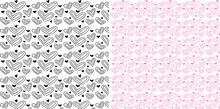 Pink Black Line Heart Doodle Pattern Set