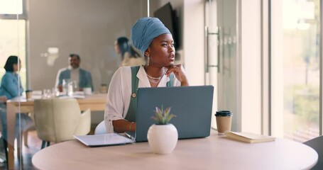 Canvas Print - Office laptop, thinking and black woman reading feedback review of social media, customer experience or ecommerce website. Data analytics, infographic and advertising worker analysis of online survey