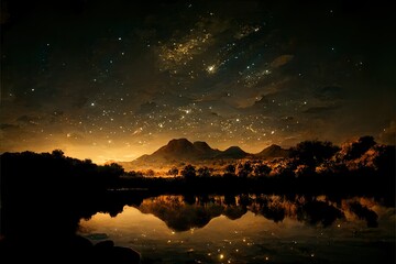 Canvas Print - clear night sky, twinkling with stars, the galaxy stretches across the horizon, casting a soft glow over a serene landscape of rolling hills.