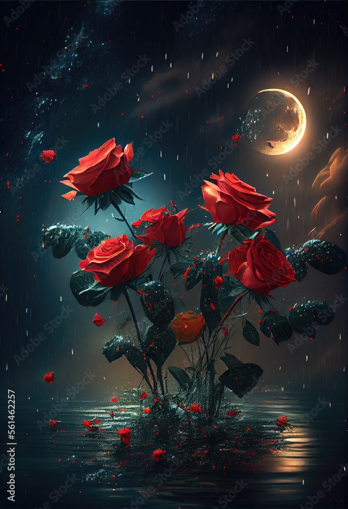 Night scene landscape with red rose flowers and moonlight. Romantic ...