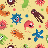 Fototapeta  - Virus germ. Funny bacteria pattern. Comic Covid influenza characters. Microbe faces. Happy pathogen cells. Angry coronavirus monsters. Vector seamless current microbiology background