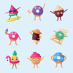 Cute summer sweets, fun party characters. Pineapple and watermelon, cupcakes in pool, flamingo toy sticker, muffin and donut, candy and ice-cream mascot. Vector design recent cartoon concept