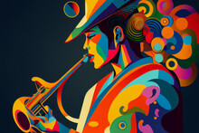 Female Jazz Musician Saxophonist Playing A Saxophone In An Abstract Cubist Style Painting For A Poster Or Flyer, Computer Generative AI Stock Illustration