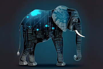 Neural network of an elephant with big data and artificial intelligence circuit board in the body of the animal, outlining concepts of a digital brain, computer Generative AI stock illustration photo