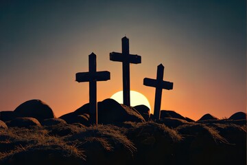 Sticker - Three crosses stand on a barren, windswept terrain, silhouetted against a darkening sky, as the sun sets behind them.