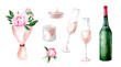 Romantic dinner. Champagne, a bouquet of flowers and candles. Set of watercolor illustrations for Valentine's Day