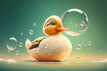 Duck With Soap And Bubbles, Take A Bath. Isolated Background. Illustration. Generative AI