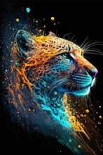 Painted Animal With Paint Splash Painting Technique On Colorful Background Cheetah
