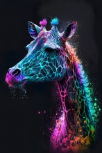 Painted Animal With Paint Splash Painting Technique On Colorful Background Giraffe