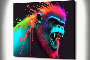 Wall Mural - Painted animal with paint splash painting technique on colorful background mandrill