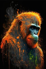 Painted animal with paint splash painting technique on colorful background orangutan