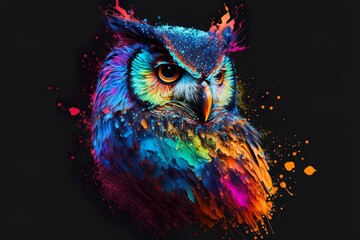 painted animal with paint splash painting technique on colorful background owl