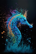 Painted Animal With Paint Splash Painting Technique On Colorful Background Seahorse