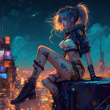 Cyberpunk Girl Sitting On Roof Top