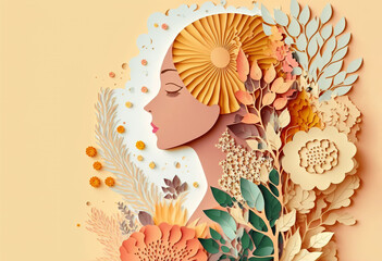 Female profile silhouette with flowers and plants. AI generated image.