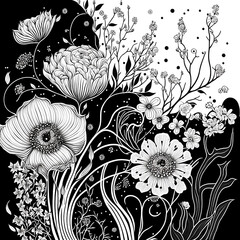 Wall Mural - Coloring page with flowers, black and white, digital abstract illustration