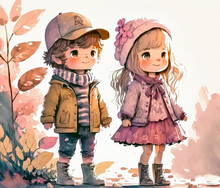 Happy Autumn Kids Illustration, Boy And Girl Standing Outdoor, Anime Art, Cute Two Little Children, Digital Watercolor Painting, Generative Ai