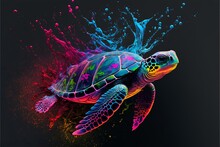Painted Animal With Paint Splash Painting Technique On Colorful Background Turtle