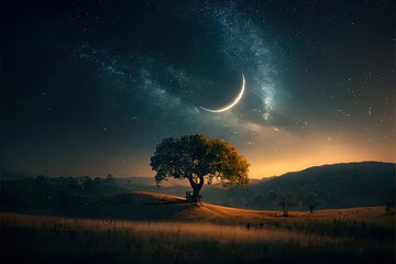 Canvas Print - a clear night sky twinkling with stars, a moon and a lonely tree stands in the foreground