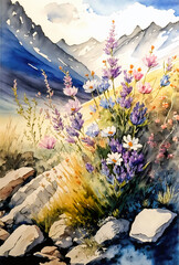 Canvas Print - Alpine wildflowers, mountain landscape, digital watercolor painting