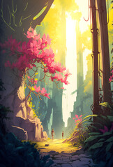 Wall Mural - Mountain landscape, walking path, blooming trees, digital illustration