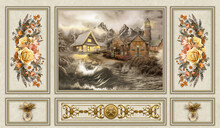 3d Wallpaper Classic Interior Wall With Moldings ,3d Wallpaper Oil Painting On Canvas Of A Beautiful Houses,flower,
