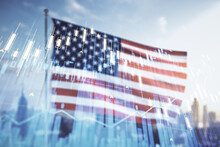 Multi Exposure Of Virtual Abstract Financial Graph Interface On US Flag And Skyline Background, Financial And Trading Concept