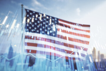 multi exposure of virtual abstract financial graph interface on us flag and skyline background, fina