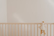 Duck toy in baby crib against white wall