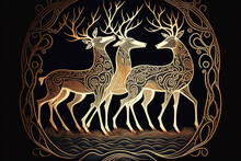 Elegant Nature Background With Reindeers In Art Nouvea Style