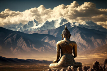 Meditating Buddha in beautiful landscape with high mountains, Generative AI