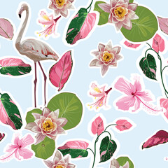 Poster - Pink flamingo and exotic pink flowers, leaves on blue  background. Floral seamless pattern. Tropical illustration. Exotic plants, birds. Summer beach design. Paradise nature.