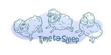 Sheep Jump Line Icon Vector Illustration. Hand Drawn Outline Cute Animal Characters Jumping To Count At Night In Bed, Funny Sheep For Counting During Insomnia Disorder And Time To Sleep Slogan