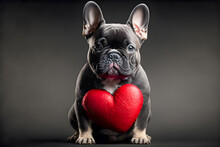 French Bulldog Puppy Holding A Heart. Illustration. Valentine's Day. Generative AI