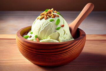 Delicious Pistachio ice cream in wooden bowl