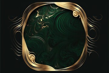  a green and gold background with a gold frame on it's side, with a wavy design in the middle of the frame, and a gold border in the middle of the middle., generative ai