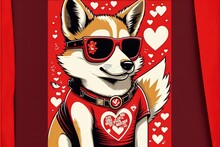  A Card With A Dog Wearing Sunglasses And A Heart On It's Chest, With Hearts In The Background And A Red Background With A Red Border With A Red Border And White Border., Generative Ai