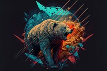 Illustrations Of A Furious Bear, A Globe Covered In Abstract Geometric Patterns, And A Bear Shot With Arrows. Generative AI