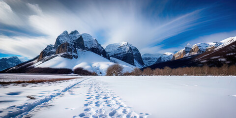 Poster - A snow covered plain with snowy mountains in the background. 