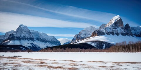 Poster - A snow covered plain with snowy mountains in the background. 